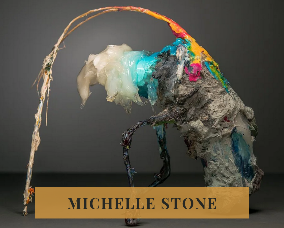 Sculptural work by Michelle Stone featuring layered organic forms in turquoise, cream, gray, and neon accents, arching like an extraterrestrial organism.